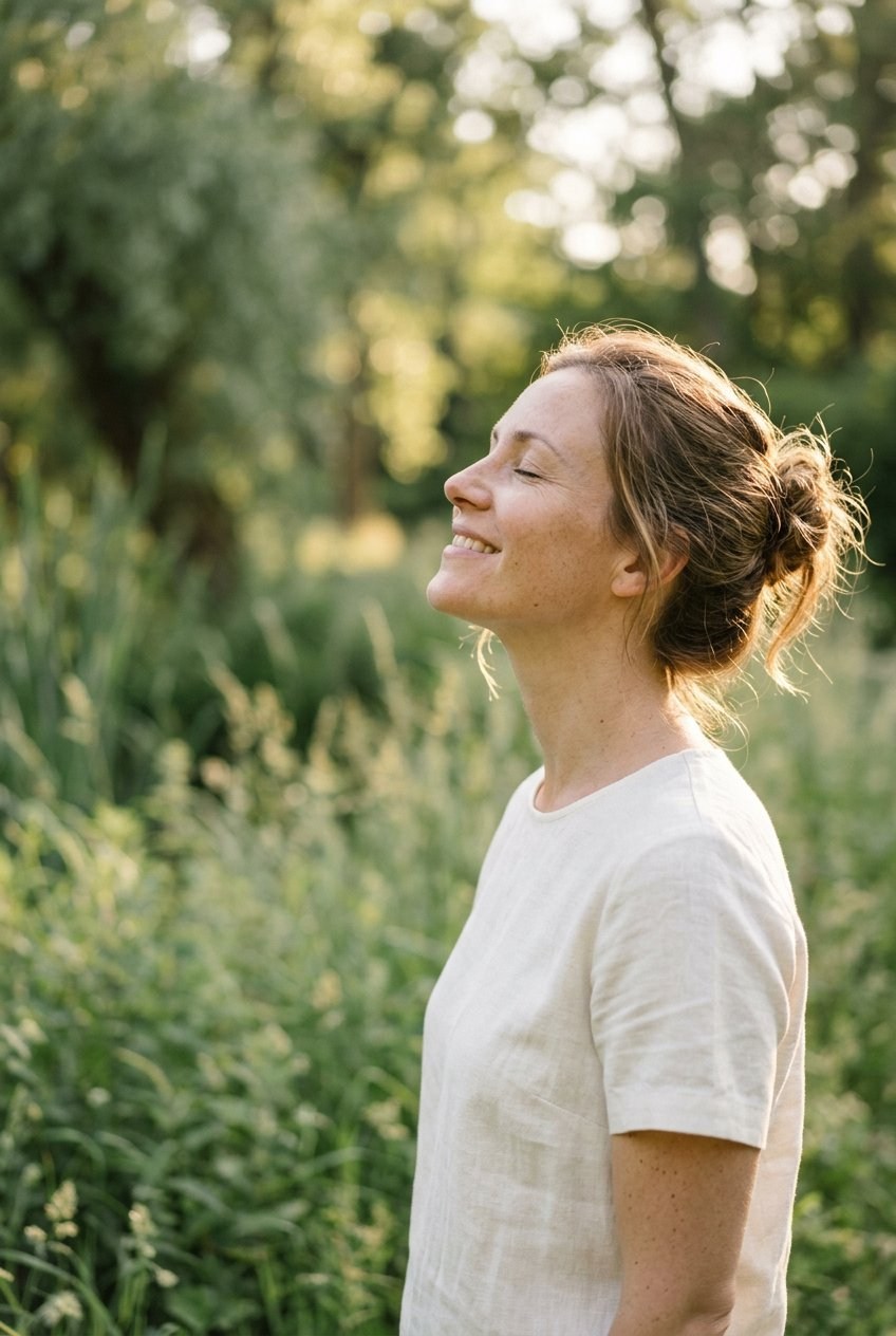 A woman enjoying a peaceful moment of sunshine in a green park