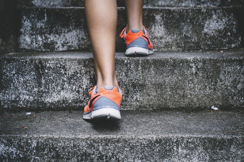 Comfortable running shoes on a flight of outdoor steps